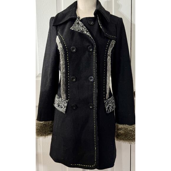 BKE Buckle Outerwear Wool Blend Gray Pea Coat Double Breasted Faux Fur Sz Small - Picture 1 of 5
